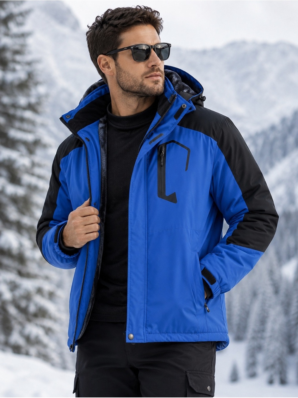 Men’s Heated Waterproof Hooded Jacket Blue Fur Lined Father’s Day Gift XL Luxe‎